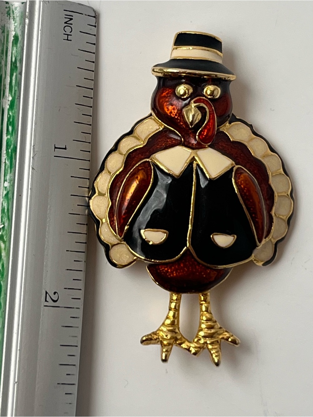 Vintage Turkey Brooch Pin Gold Tone & Enamel signed SFJ #47421